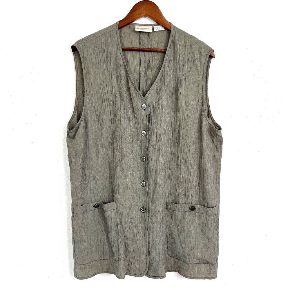 Vtg. ELISABETH Liz Claiborne Womens XL Tunic Vest Buttons Pockets Gray Lagenlook